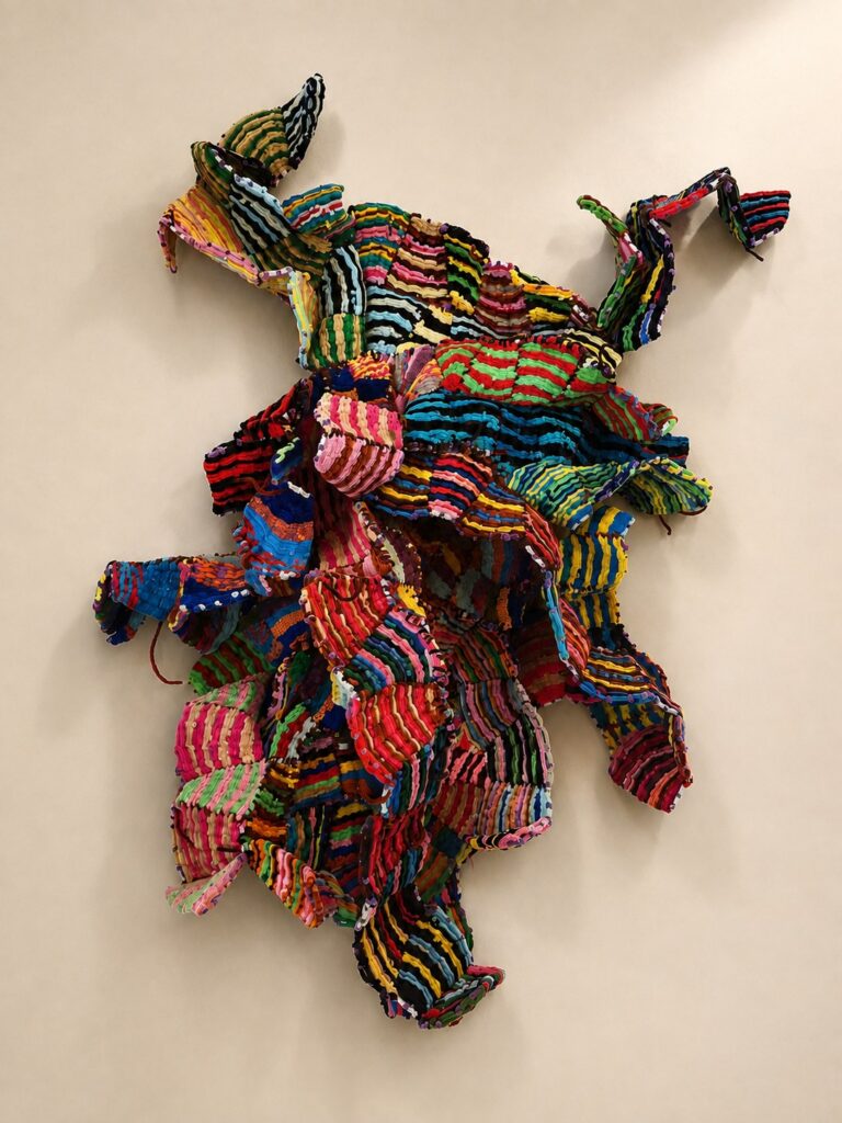 Sprawling wall piece of rippling multicolor stripes. Pipe cleaner sculpture by Ted Fullwood