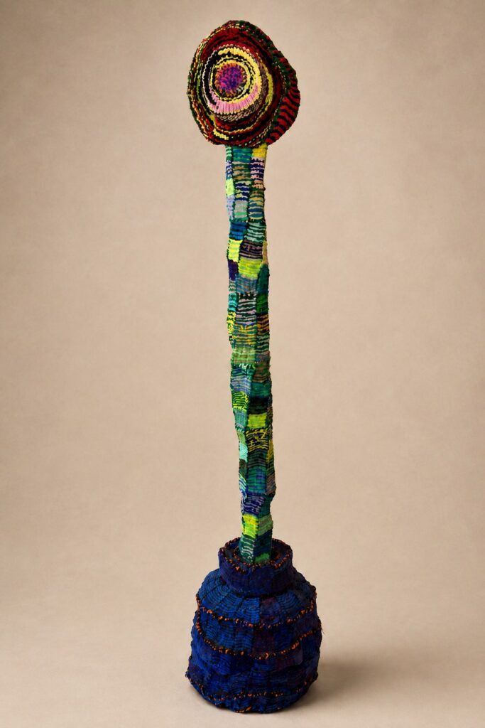 Tall stem with a spiral disc on a navy base. Pipe cleaner sculpture by Ted Fullwood
