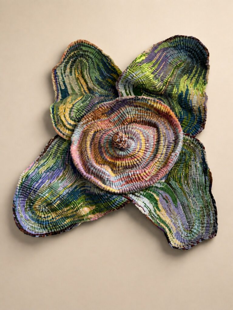 Wall piece with a spiral rose center and green-blue petals. Pipe cleaner sculpture by Ted Fullwood