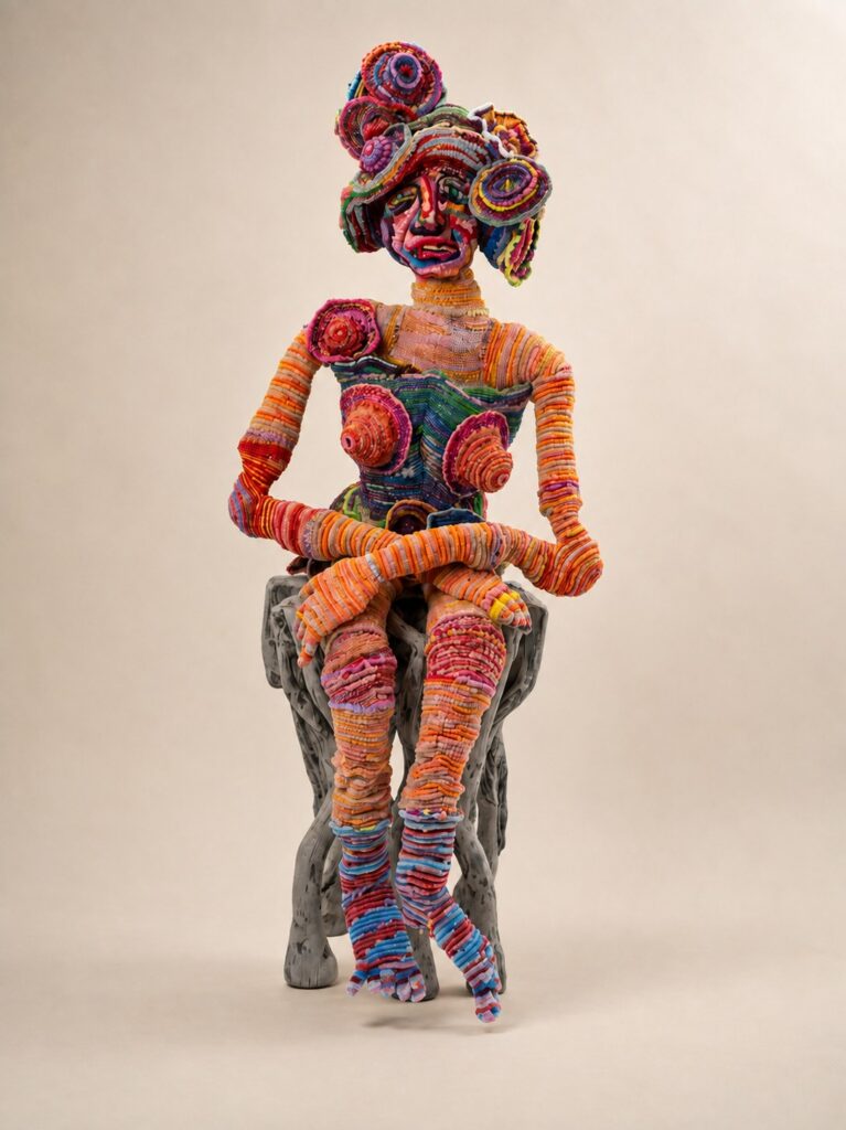 Seated orange figure with a patterned headwrap. Pipe cleaner sculpture by Ted Fullwood
