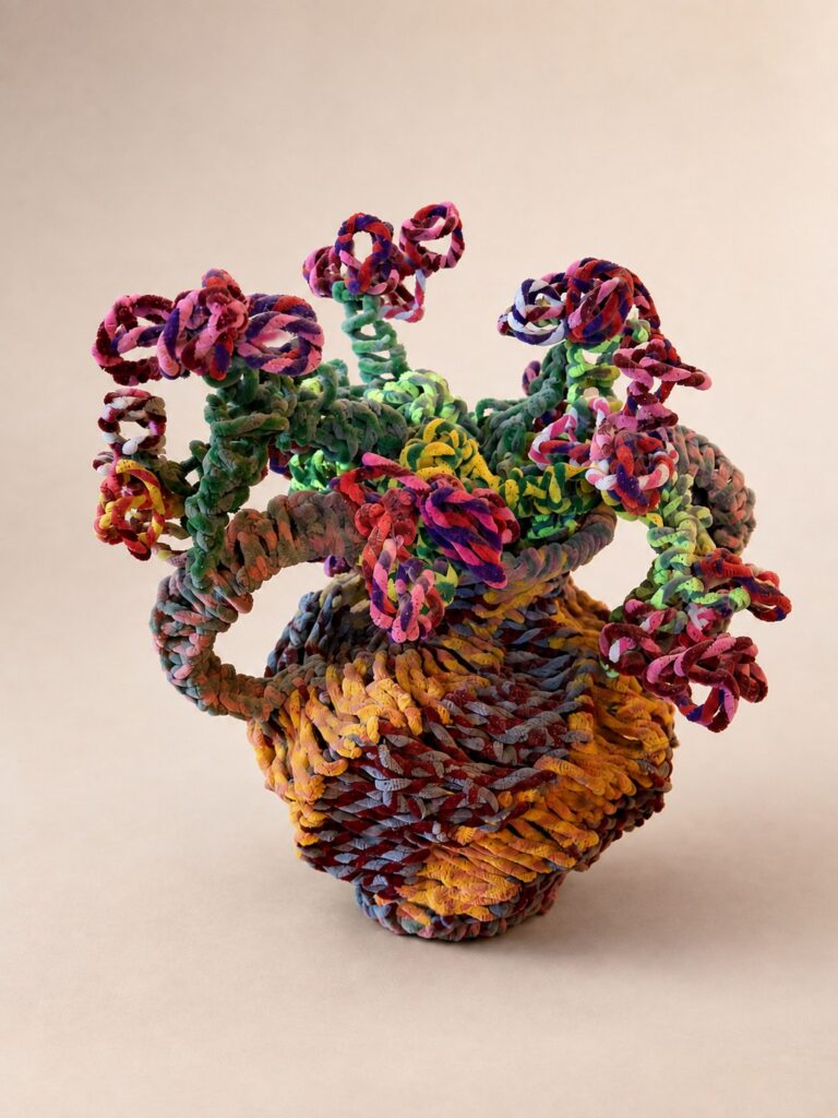Basket overflowing with flowers. Pipe cleaner sculpture by Ted Fullwood