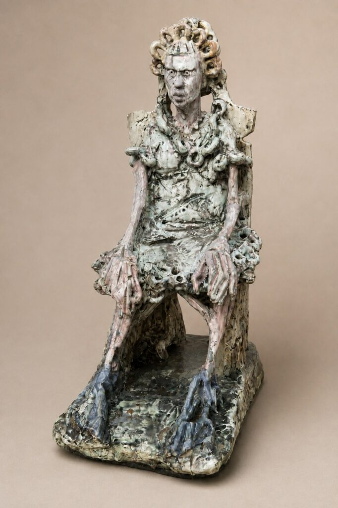 Seated figure on a textured chair in gray-green glaze. Ceramic sculpture by Ted Fullwood