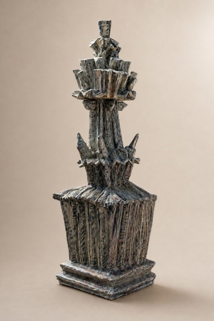 Dark spire on a stepped base. Ceramic sculpture by Ted Fullwood