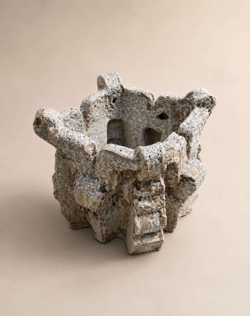 Textured gray architectural vessel. Ceramic sculpture by Ted Fullwood