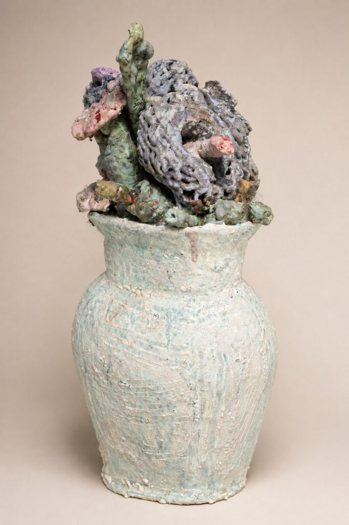 Pale celadon vase topped with a coral-like form. Ceramic sculpture by Ted Fullwood