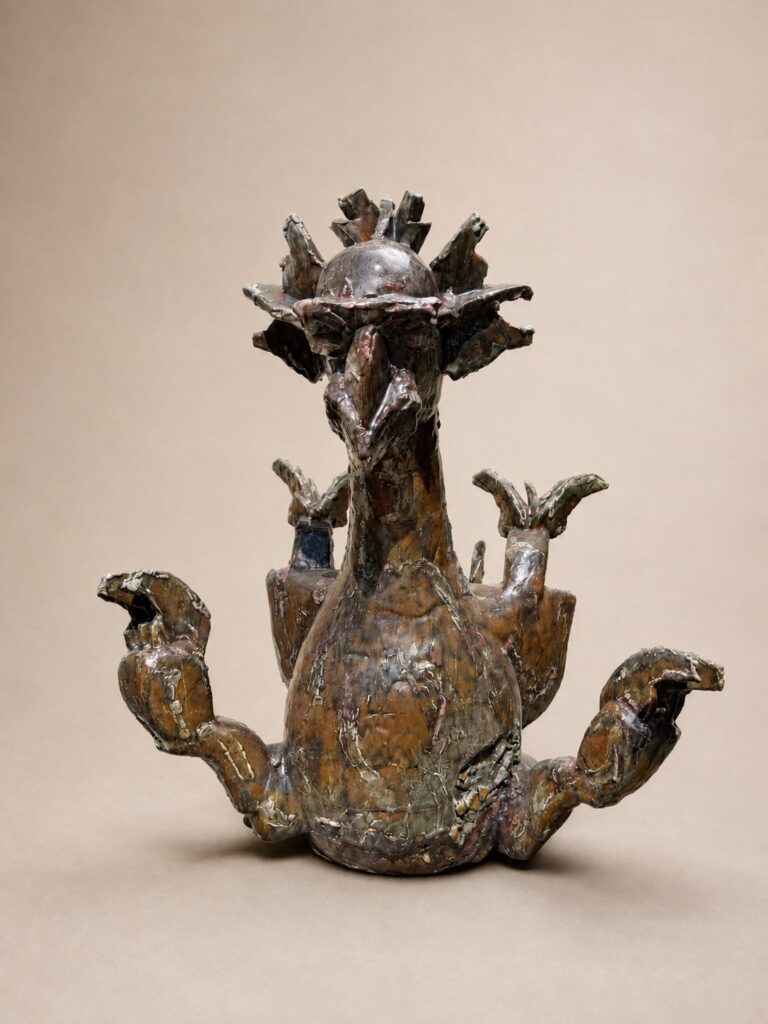 Bronze-glazed creature with a spiked crown. Ceramic sculpture by Ted Fullwood