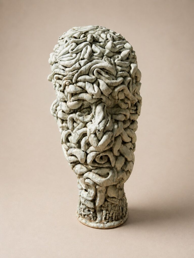 Head built from white coils. Ceramic sculpture by Ted Fullwood