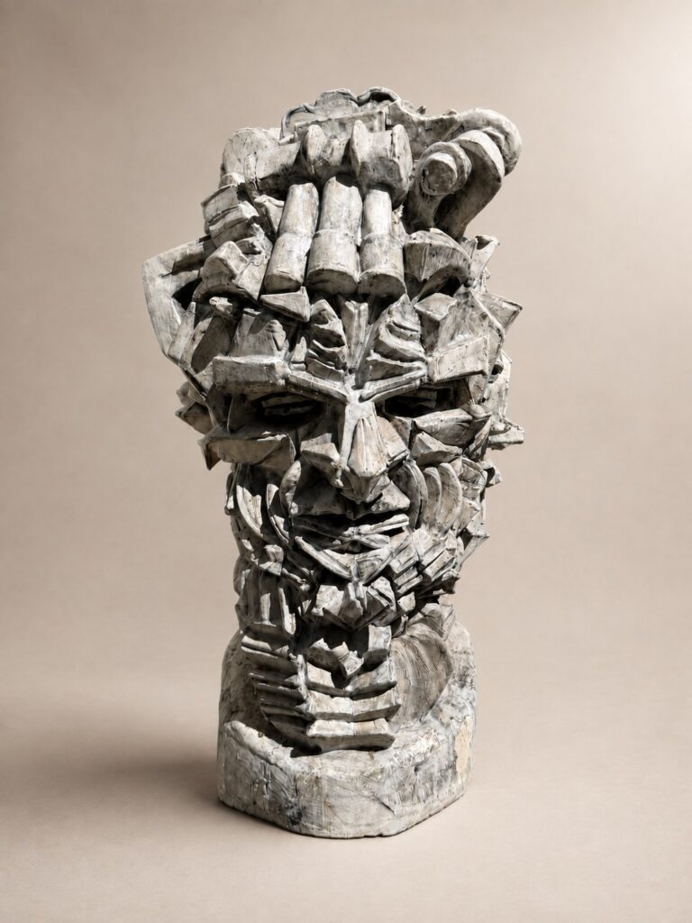 Cubist head on a stepped base. Ceramic sculpture by Ted Fullwood
