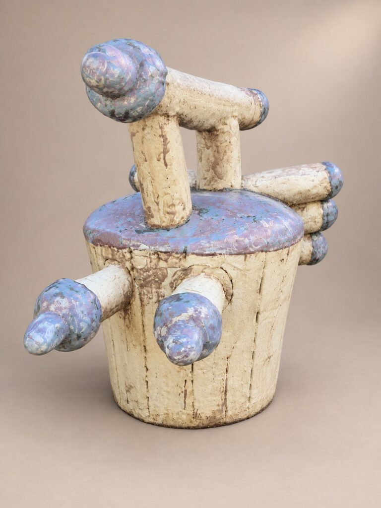 Cream vessel with blue-tipped arms. Ceramic sculpture by Ted Fullwood