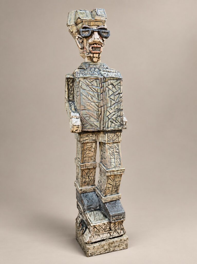 Tall standing figure in sunglasses. Ceramic sculpture by Ted Fullwood