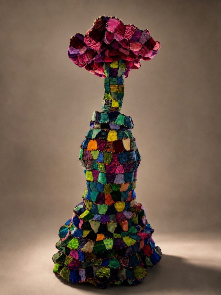 Bell-shaped patchwork form topped with a ruffled pink bloom. Pipe cleaner sculpture by Ted Fullwood